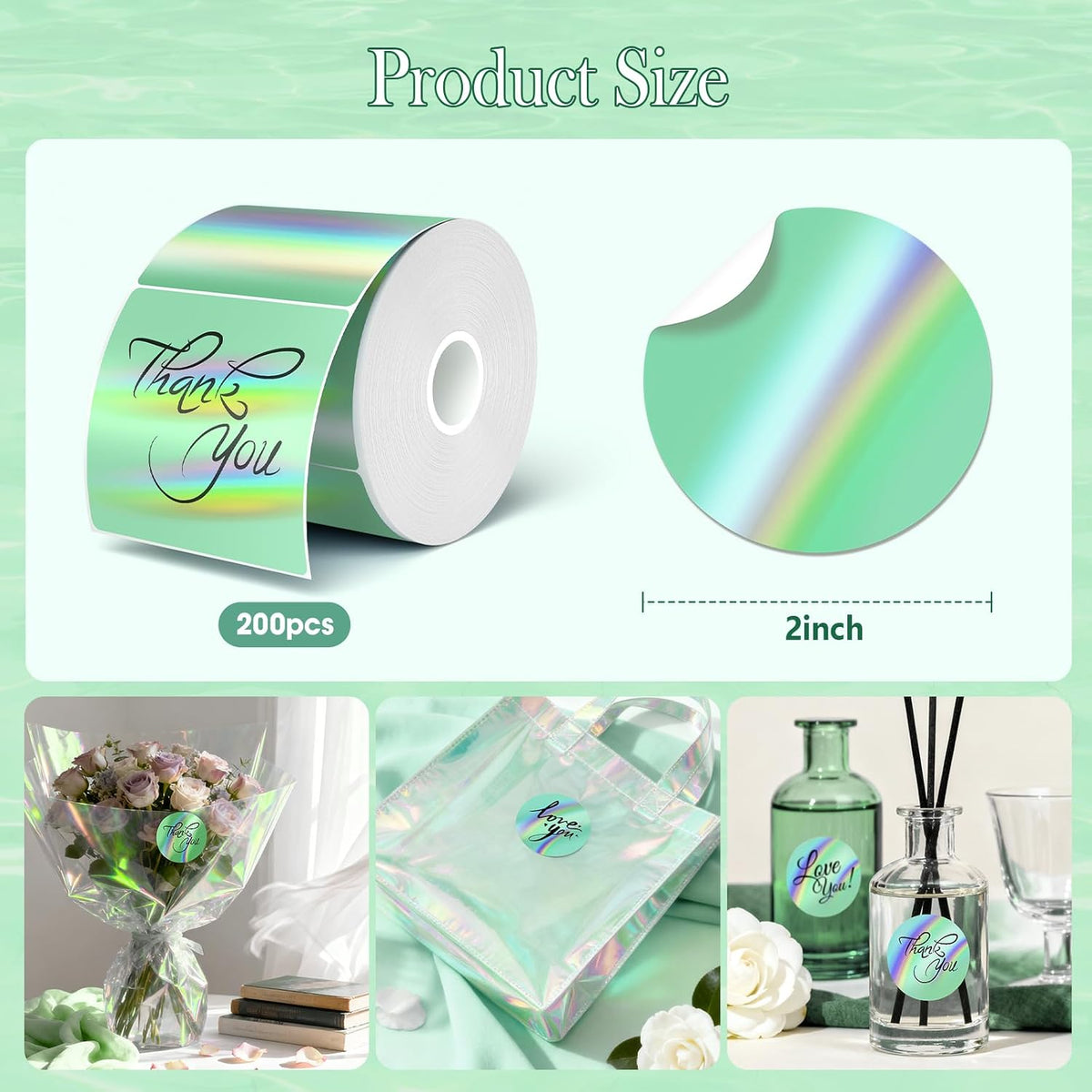 2 Inch Holographic Thermal Sticker Labels,Rainbow Glitter Finish, Water-Proof & Tear-Resistant Label, No Residue Removable Label for Price/Name Tag, Logo Design,Light Green, (200Labels/Roll) - Image 2