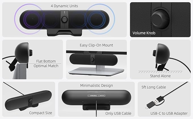 Computer Speakers for Desktop PC, Monitor Speakers with Easy Volume Knob, Sturdy Clamp, Clear Sound, Decent Bass, USB Plug in External Speakers for Laptop, Small PC Soundbar, USB-C Adapter, 5Ft Cable - Image 5