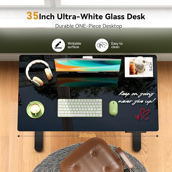 35” Black Glass Standing Desk Height Adjustable with Drawer | Electric One-Piece Rising Whiteboard Table on Lockable Wheels, Mobile Small Rolling Laptop Cart for Work, Drawing, Crafting - Image 4