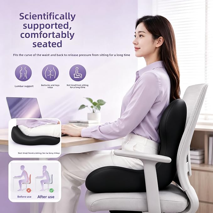 X Large Memory Foam Seat Cushion Lumbar Support Pillow for Sciatica & Tailbone Pressure Relief Coccyx Pad for Office Chair, Car,Wheelchair,Home,Office-Black - Image 3