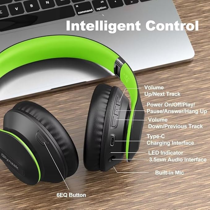 Wireless Bluetooth Headphones Over Ear V6.0 HiFi Stereo with Mic | 65H Playtime 6EQ Modes Foldable Bluetooth Headset with Microphone for Travel Smartphone Computer Laptop Green - Image 6