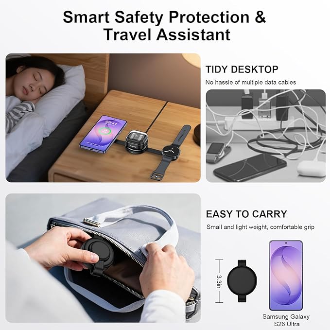 3 in 1 Wireless Charging Station Samsung, Foldable Wire Less Charging Pad for Samsung S26 S25 Ultra S24, Fast Charging Station Galaxy Watch8/7 Galaxy Buds4, Travel Charger for Samsung Multi Devices - Image 2