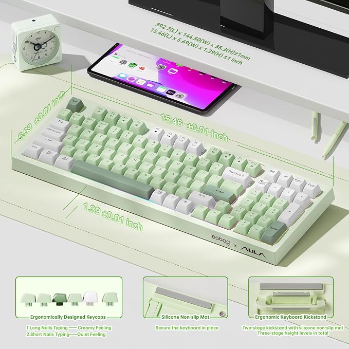 LEOBOG X Aula Green Keyboard Wireless Gaming Keyboard Creamy Silent | 98 Keys,Quiet,RGB Backlit,2000mAh Computer Keyboards Membrane Creamy Keyboard with Number Pad,Tri-Mode BT/2.4GHz/USB-C - Image 3
