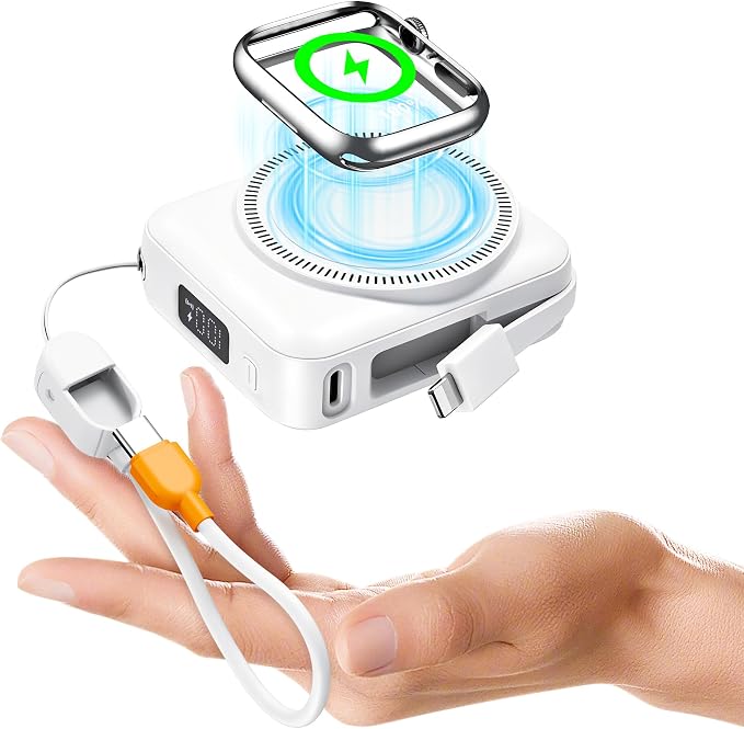 20000mAh Portable Charger 22.5W Fast Charging Power Bank Charge iWatch, Built-in Cables, LED Display, Magnetic Wireless Charging, TSA approved, Pocket Size, for Apple Watch, Phone, AirPods, White by Durecopow