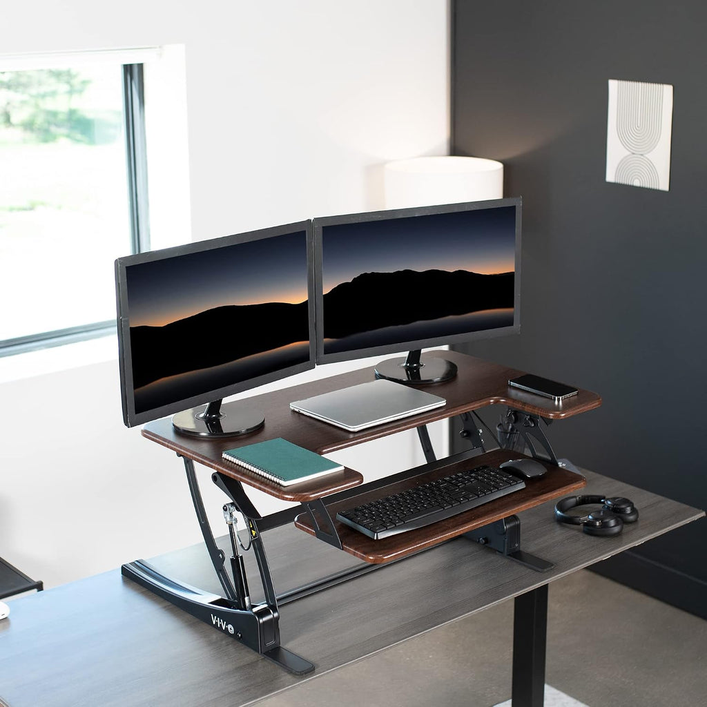 VIVO Dual Tier Standing Desk Converter, 36" Dark Walnut Top - Image 2