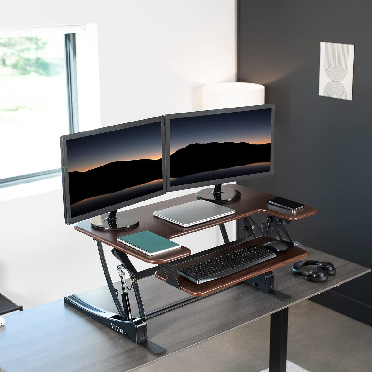VIVO Dual Tier Standing Desk Converter, 36" Dark Walnut Top - Image 2