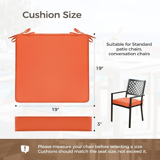 UNIKOME Outdoor Chair Cushions Set of 4, Water Resistant Patio Seat Cushions with Ties for Outdoor Furniture, High-Density Foam, UV & Fade Resistant, Piped Edge – 19" x 19" x 3", Orange - Image 2
