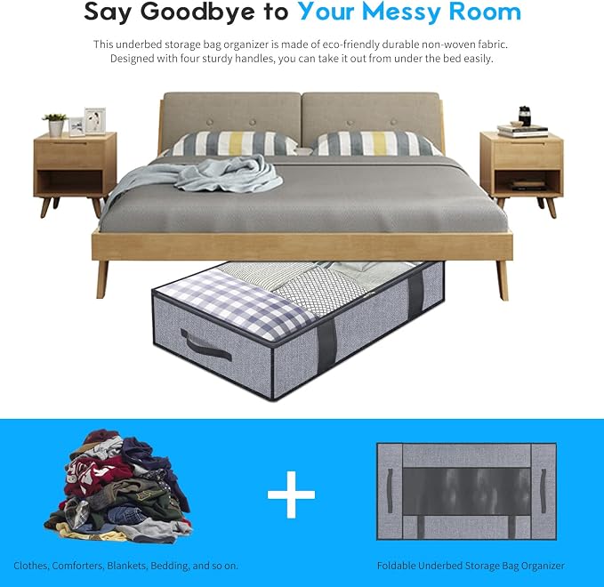 Onlyeasy Foldable Underbed Bags 2 Pack - Blankets Clothes Comforters Storage Bag Breathable Zippered Organizer for Bedroom with Clear Window and 4 Handles, 39.4x19.7x5.9 in, Linen-like Grey, MXDUBBP2 - Image 6