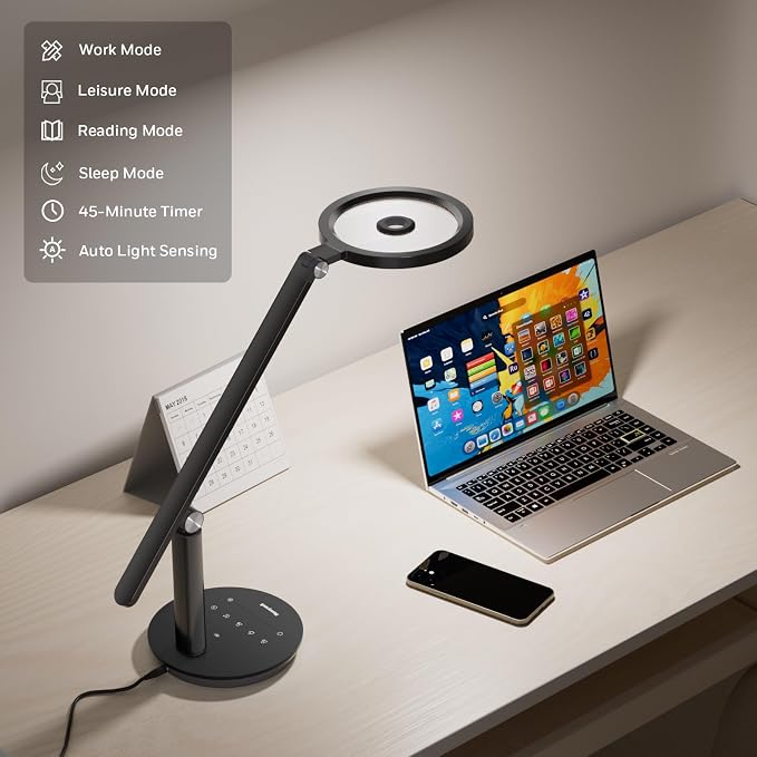 Honeywell H6 Desk Lamp for Home Office, Dimmable Reading Table Light, Black | Sunturalux CRI≥97, RG0 Low Blue Light, Flicker-Free, 800LM Dimmable with Timer for Webcam, Study, Office & Bedroom - Image 5