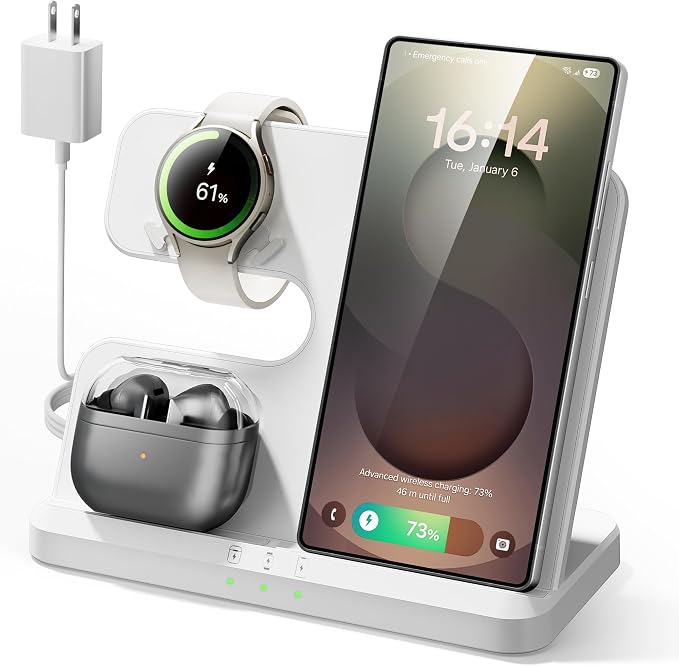 Wireless Charging Station for Samsung, 3 in 1 Charger Stand for Galaxy S25 Ultra/S24/S23/Z Fold, Phone and Watch Charging Dock for Samsung Watch Galaxy 8/7/6/5, Galaxy Buds 3/2/Pro by EDDIBOX