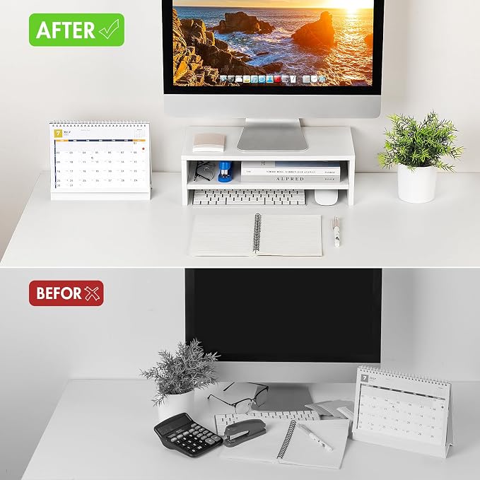 BEYGORMMonitor Stand Riser, White, 16.5 inch, 2 Tiers Wood Desk Shelf | Computer Screen Stand with Storage, For Desktop Laptop/Screen/TV/PC/Printer 16.5"L x 7.8"W x 5.2"H - Image 3