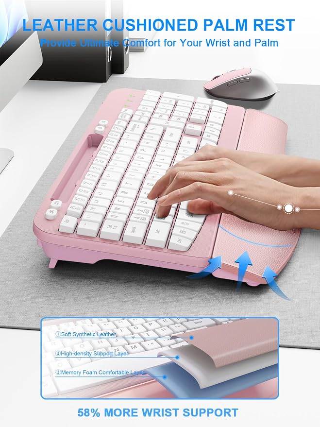 Hayyiesh Ergonomic Wave Keys Wireless Keyboard and Mouse Combo, Full Size with Memory Foam Wrist Rest & Phone Holder, 2.4G Cordless Set with USB-C Adapter for Windows Mac Desktop Laptop (Pink) - Image 3