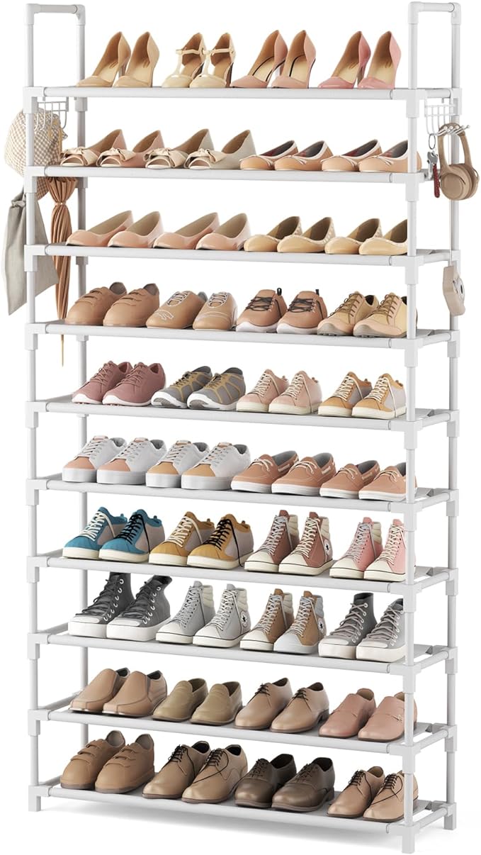 VTRIN 10 Tiers Shoe Rack Tall Large Capacity Wide Shoe Organizer Sturdy Shoe Shelf for Entryway with Two Hooks Metal Shoe Storage for Closet, Bedroom, White by VTRIN