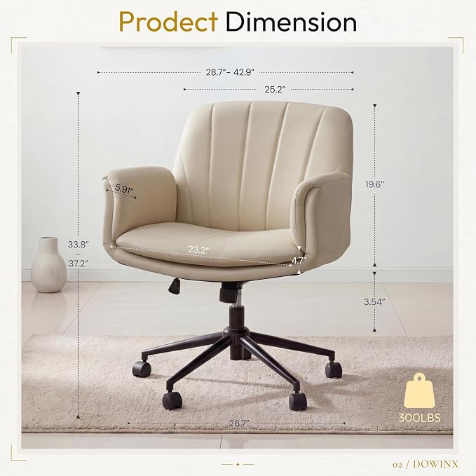 Dowinx Criss Cross Chair with Five-Level Adjustable Arms and Wheels - Comfortable Ergonomic PU Leather Swivel Vanity Chair - Computer Makeup Gaming Chair for Home Office, Bedroom, Vanity Room (Khaki) - Image 2