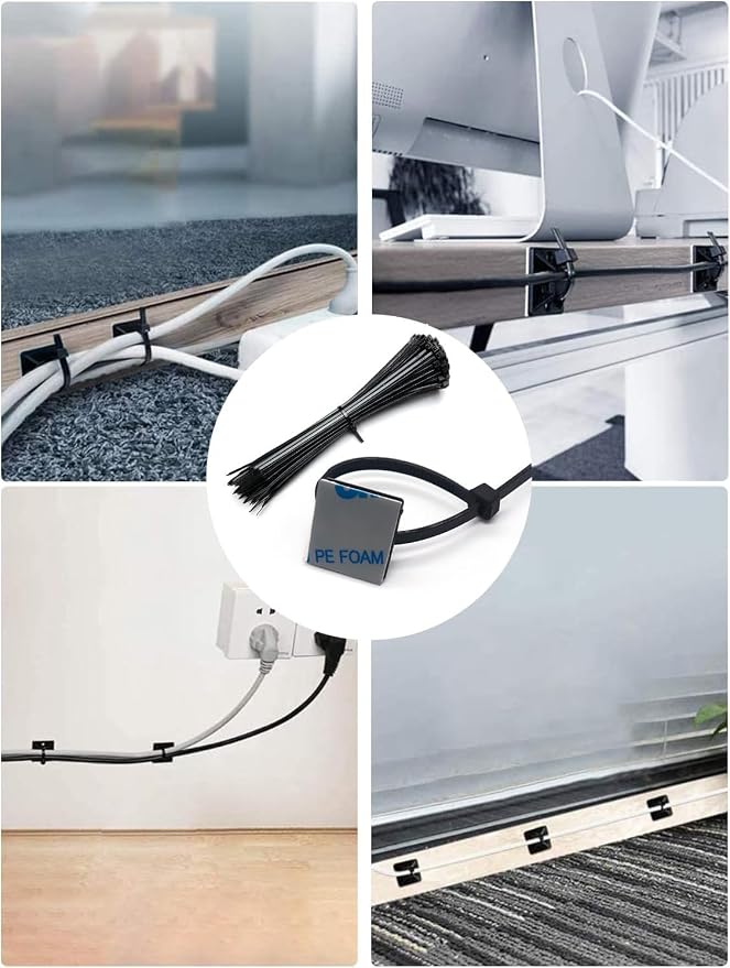Cable Management Kit - 100 Set Adhesive Cable Zip Tie Mounts with 8" Zip Ties | UV Resistant Wire Organizers for Indoor/Outdoor Use-Black - Image 5