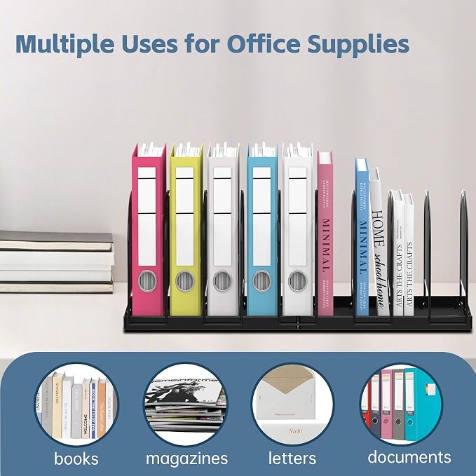 9-Section File Organizer for Desk, Metal File Folder Holder, Black | 9 Vertical Compartments with Sturdy Metal Base for Office Documents Books Magazines and Laptop - Image 6