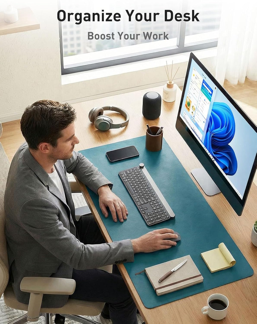 Aothia Faux Leather Desk Mat - Non-Slip PU Leather Desk Blotter, Waterproof Writing Surface, Large Desk Pad for Office & Home (Turquoise, 55" x 17") - Image 3