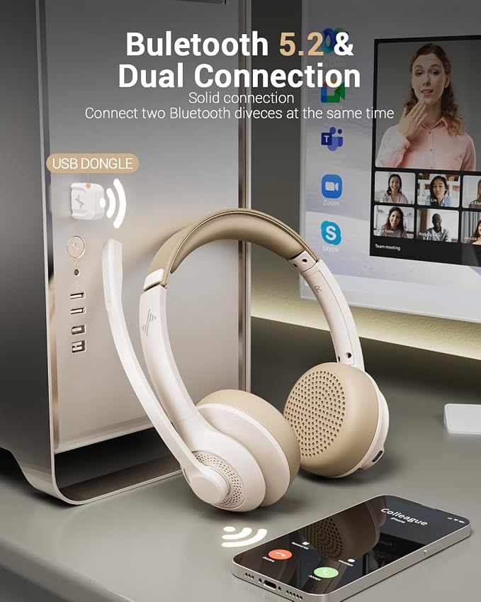 JIAMQISHI Wireless Headset with AI Noise Cancelling Microphone Bluetooth Headset - Bluetooth V5.2 Headphones with USB Dongle & Mic Mute for Computer/Laptop/PC/iPhone/Android/Cell Phones (White) - Image 2