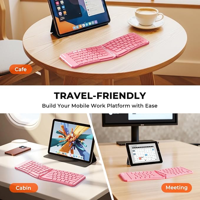 MEETION Foldable Ergonomic Bluetooth Keyboard, Split, Portable, Pink | Compact rechargeable folding keyboard with split ergonomic design, ideal for business travel, for Windows, Mac, iPad, Android - Image 7