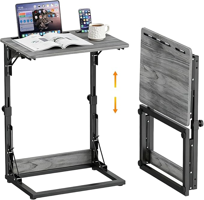 Folding TV Tray Table, Adjustable Height TV Trays for Eating on Couch | TV dinner tray table with tablet & phone slots,c shaped end table,laptop desk for sofa,bedside,recliner,dining,working,gaming by BeGyoku