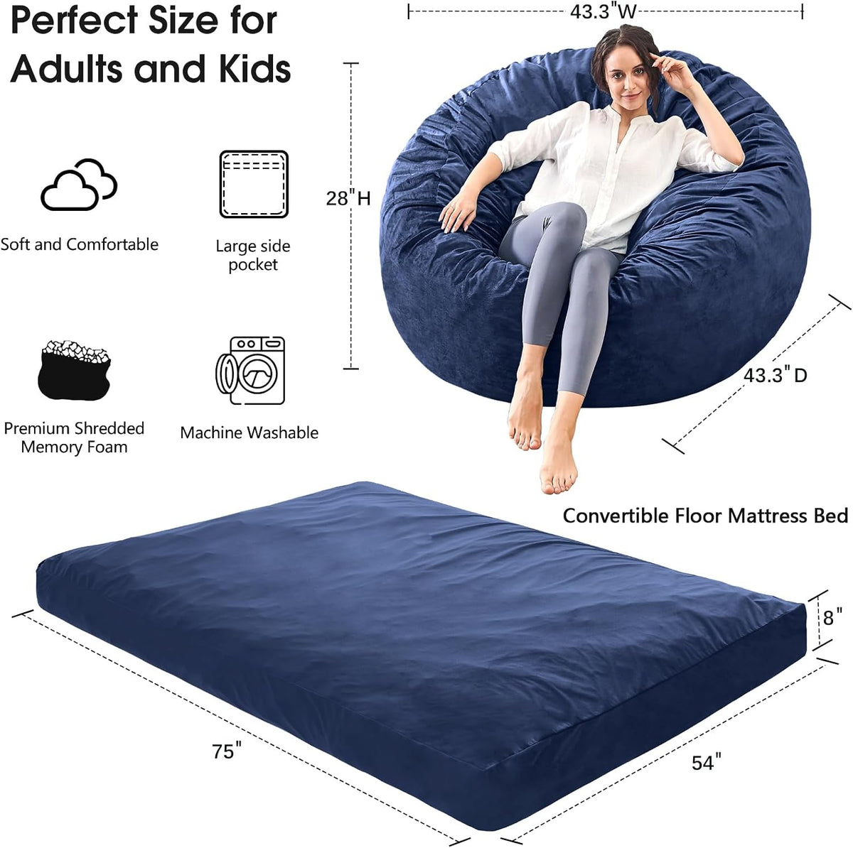 Bean Bag Chairs for Adults - Giant Bean Bag Convertible Floor Sofa - Image 3