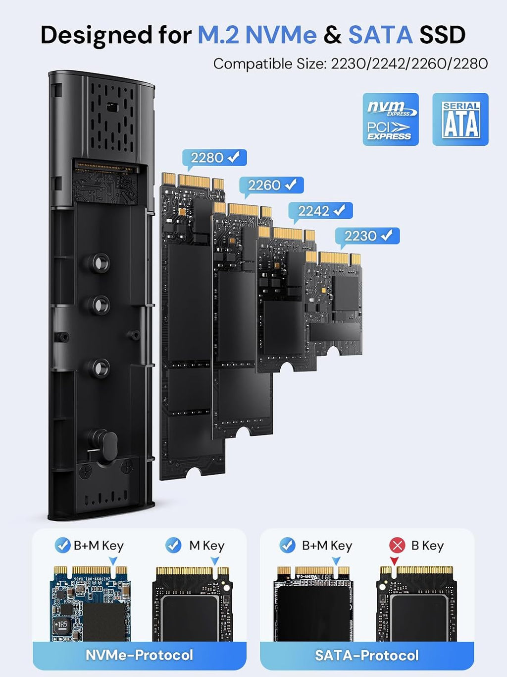 Tool-Free M.2 NVMe SATA SSD Enclosure for SSDs 2230/2242/2260/2280 - Image 2