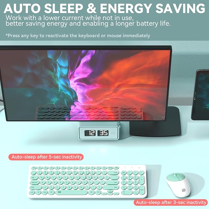 Wireless Keyboard and Mouse Combo - 2.4GHz USB Cordless, Cute Round Keys, Quiet and Slim Set for Laptop, Computer, TV, and Mac - Mint Green & White - Image 3