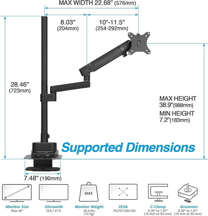 AVLT Single 40 Inch Monitor Arm Pole Top Mount with USB-C&A Ports - Black | Supports 26.4 lbs (12kg), Ultrawide Screen Fit, VESA Compatible, Tilt, Swivel, Rotate, Ergonomic Adjustable Height, Durable - Image 3