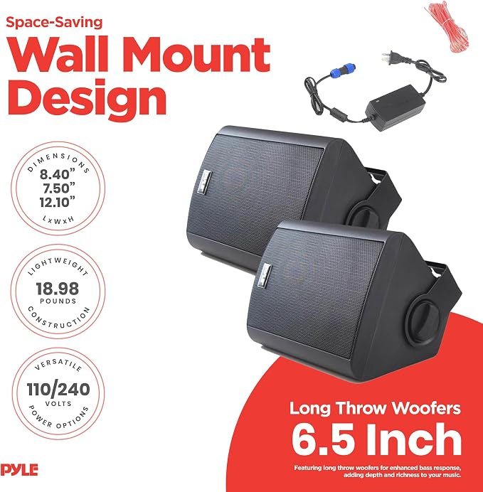 Pyle 6.5-Inch Wall Mount Waterproof Bluetooth Speaker System – Indoor/Outdoor Audio Pair with Built-in Digital Amplifier, Weather-Resistant Housing, High-Power Sound, Easy Installation (Black) - Image 3