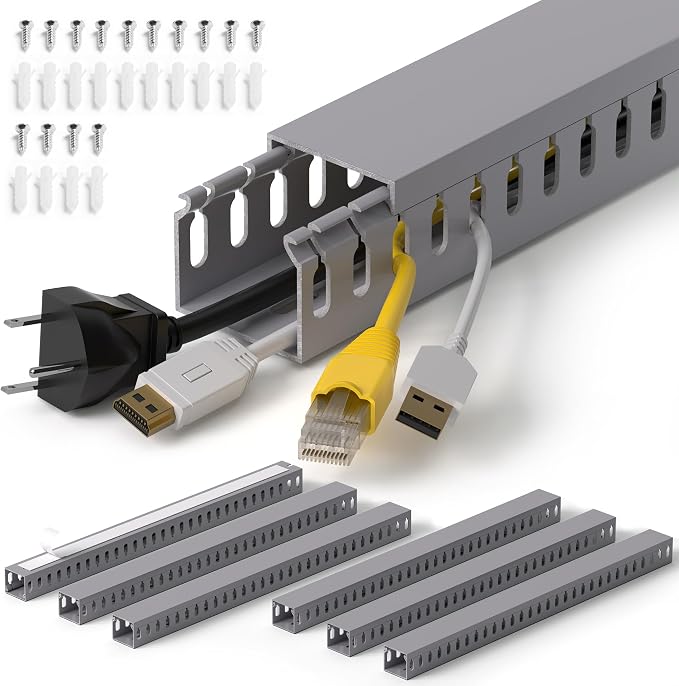1.4"H x 1.6"W Cable Raceway, 99in Under Desk Wire Management Channel, Grey | Slotted Wire Duct, 6Pack, 16.5in Each, Heavy-Duty PVC Cable Management for Server Racks, Network Cables & Electrical Cabinets by ZhiYo