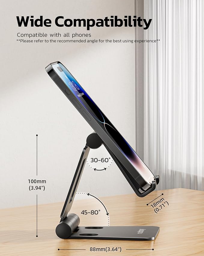 Nulaxy Full Aluminum Dual Folding Cell Phone Stand for Desk, Black | Height Angle Adjustable, Portable, Anti-Slip Base, Fits 18mm Thick Case Smartphone, Nintendo Switch Desk Essential Accessory - Image 3