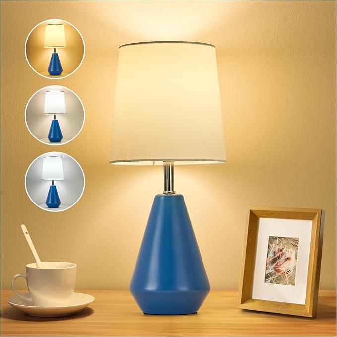 Small Bedside Table Lamp for Bedroom - Reading Desk Lamp with 3 Color Temperatures，15.5" Nightstand Ceramic Lamp with Fabric Shade for Kids Room,Living Room,Dorm,Home Office (Blue+White) - Image 9