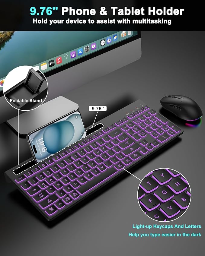 Wireless Keyboard and Mouse Combo, 7 Backlit Effects, Light Up Letters, Rechargeable, Phone Holder, 6 Button Mouse, Ergonomic Tilt Angle, 2.4GHz Silent USB Keyboard Mouse for Laptop, PC - Image 4