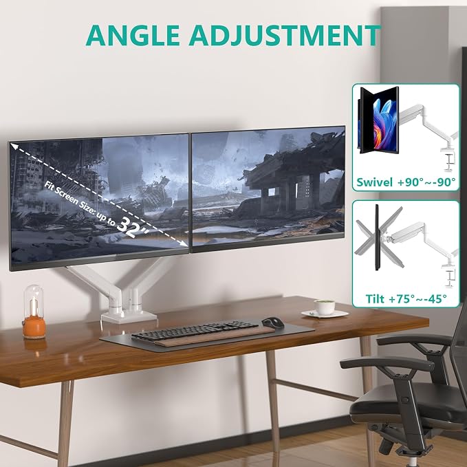 WALI Dual Monitor Stand, Adjustable Arm Monitor Mount for 2 Monitors up to 32 Inch,19.8lbs Capacity (GSMP002W), White by WALI - Image 4