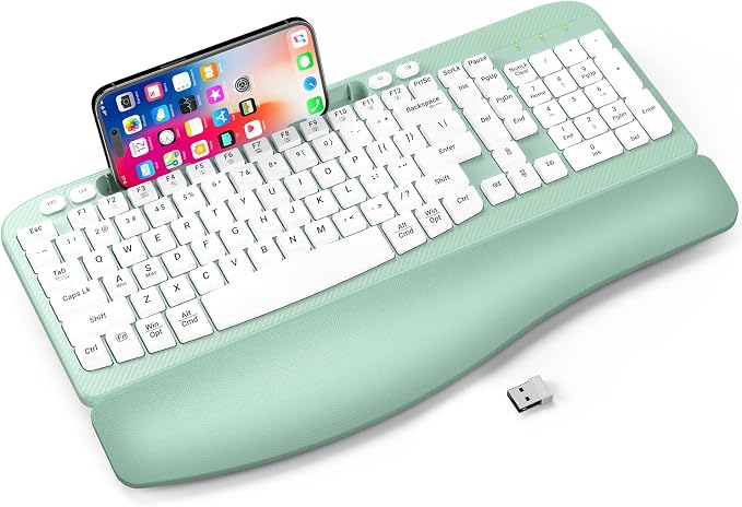 EAYBLLY 2.4G Wireless Ergonomic Keyboard, Full Size Wave Keys with Memory Foam Wrist Rest & 7.28in Phone Holder, USB-C Adapter Included for Windows Mac Chrome OS, Office or Home (Mint Green) by Unknown