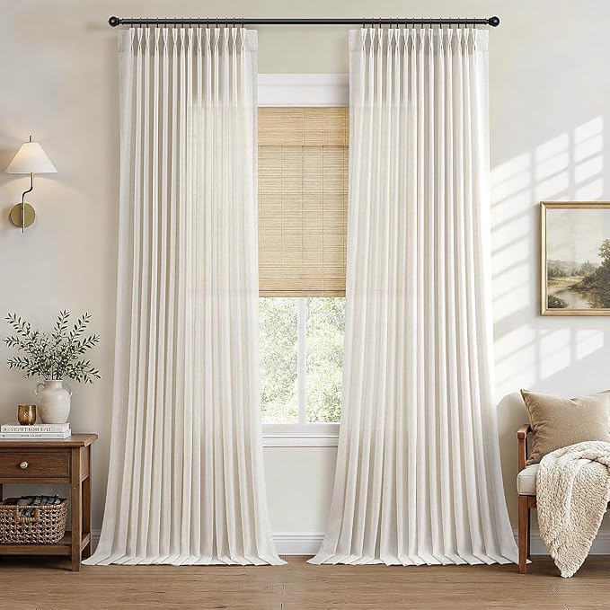 Hokibero Natural Pinch Pleated Linen Curtains 110 Inch Long for Living Room | Ivory Light Filtering Semi Sheer Curtain,Back Tab Hooks Rings,Farmhouse Textured Privacy Drapes for Bedroom Window,2 Panels by Hokibero