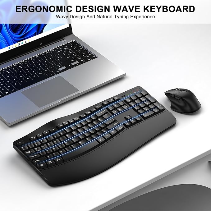 Wireless Keyboard and Mouse Combo, 2.4G Ergonomic Wave Keys(Black) | Full Size Wave Keyboard with Wrist Rest, 3-Level DPI Adjustable Ergonomic Mouse for Windows and Mac OS Desktop/Laptop/PC - Image 2