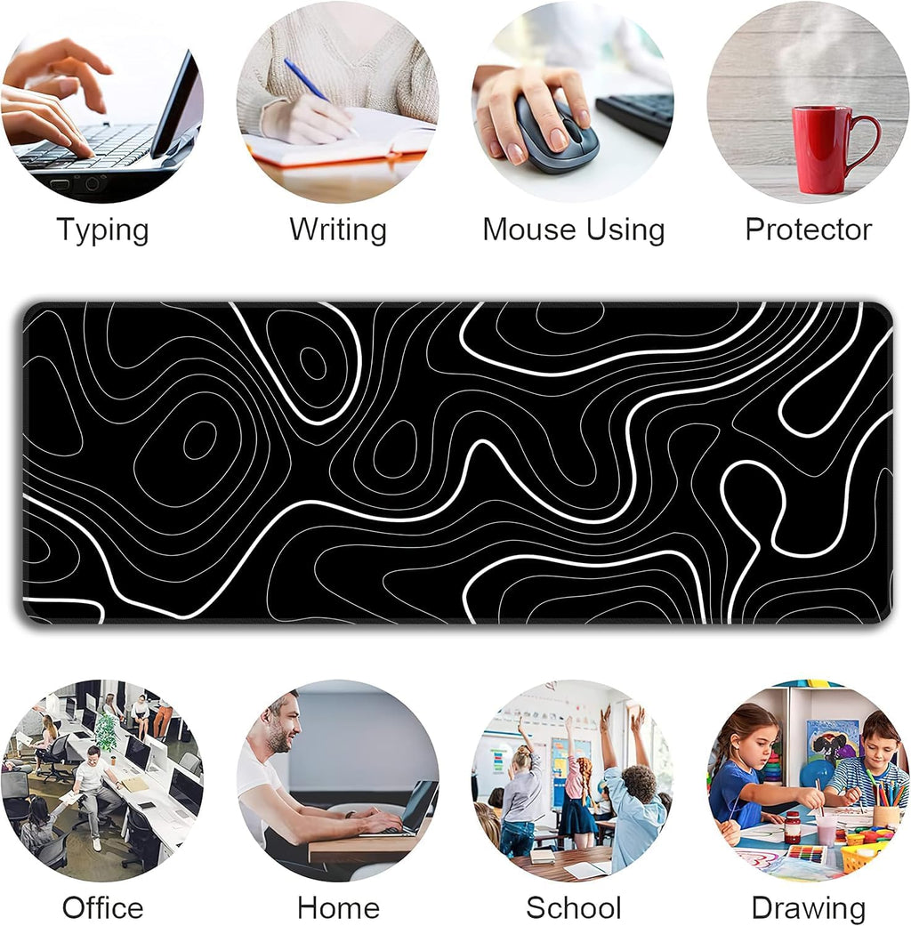 Black Topographic Map Mouse Pad,XL 31.5"x11.8" Big Gaming Mousepad,Minimalist Lines Large Extended Mouse Mat,Non-Slip Rubber Base Waterproof with Stitched Edges for Gaming Office Home - Image 6