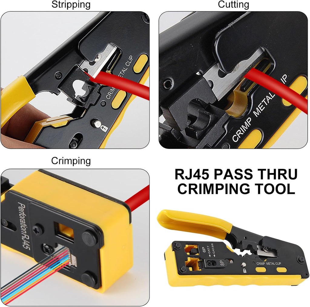 RJ45 Crimp Tool Kit with Network Cable Tester All-in-One Pass Through Ethernet Crimper Stripper Cutter for Cat7/Cat6/Cat5 Telephone Connectors Network Enthernet with Cat6 RJ45 Connectors Boots - Image 4