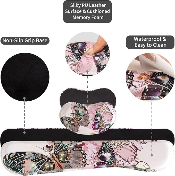 QIYI PU Leather Desk Mat Set, 4-in-1 Ergonomic Wrist Rest, Butterflies | Waterproof Large Mouse Pad 31.5×15.7 + Keyboard Wrist Rest + Mouse Wrist Support+Coaster, Non-Slip Office Gaming Accessories - Image 6