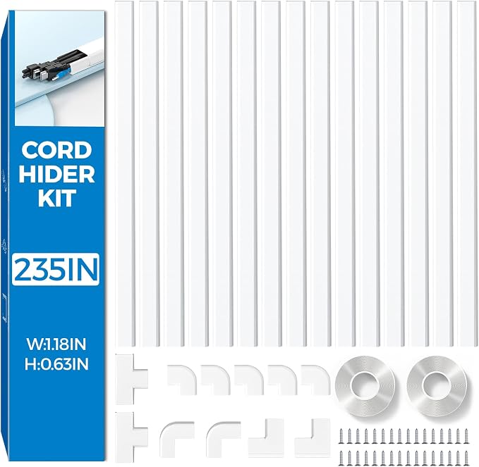 Yecaye 235in Wall Cord Hider for 2-3 Cords, W1.18in H0.63in, White | Large Cord Covers for Wires on wall, On-Wall Cord Cover Cable Concealer by Yecaye