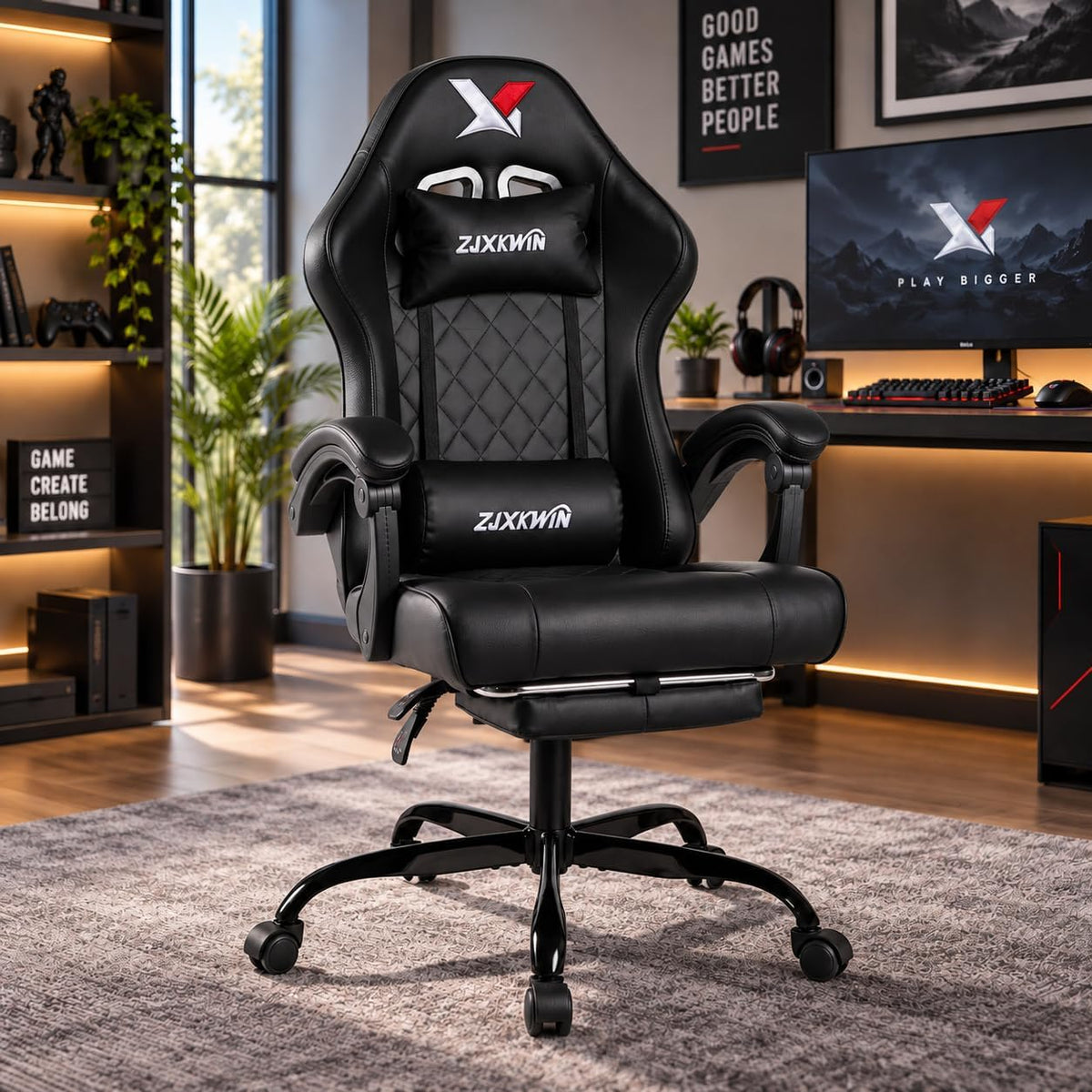 Gaming Chair for Adults with Footrest, Pocket Spring & Reclining Backrest by ZJXKWIN