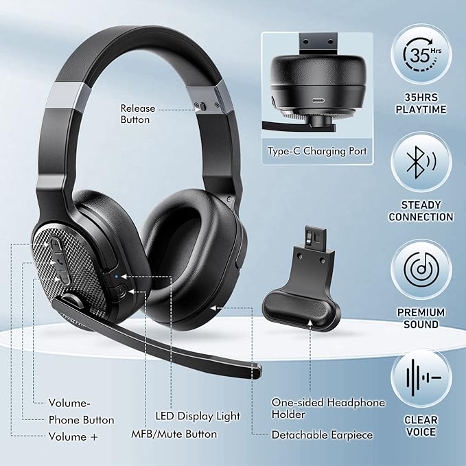 COSMUSIS Trucker Bluetooth Headset, Wireless Headset with Mic for Work | Trucker Headset with Noise Cancelling Headphones, Long Battery Life Bluetooth Headphones with Detachable Earpad for Driving - Image 7