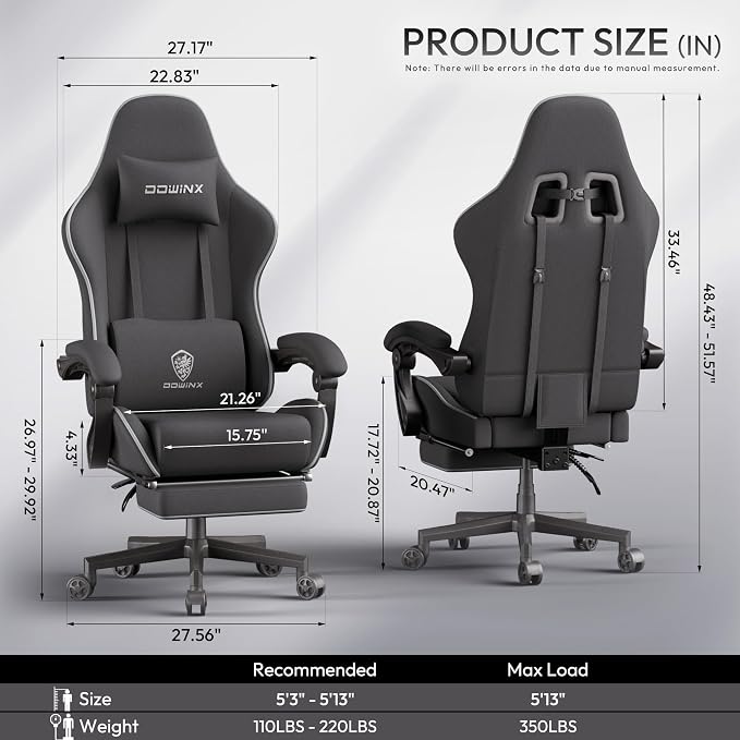 Dowinx Gaming Chair Fabric Big and Tall with Pocket Spring Cushion, Massage Game Chair Cloth with Headrest, Ergonomic Computer Chair with Footrest 350LBS - Image 3