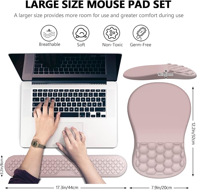Ergonomic Mouse Pad Wrist Support, 2 in 1 Keyboard Wrist Rest Set | Memory Foam, 15° Ergonomic Slope, Massage Bead Design, Non-Slip PU Base, Lycra Fabric, for Office & Gaming, Gradient Pink - Image 5