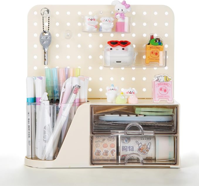 Comix Desk Organizer with 2 Drawer, Beige 360° Rotating Pen Holder for Desk | Desk Organizers and Accessories with 5 Slots Pencil Holder+Pegboard+Drawer, Pen Organizer for Home School Art Office Supplies - Image 7