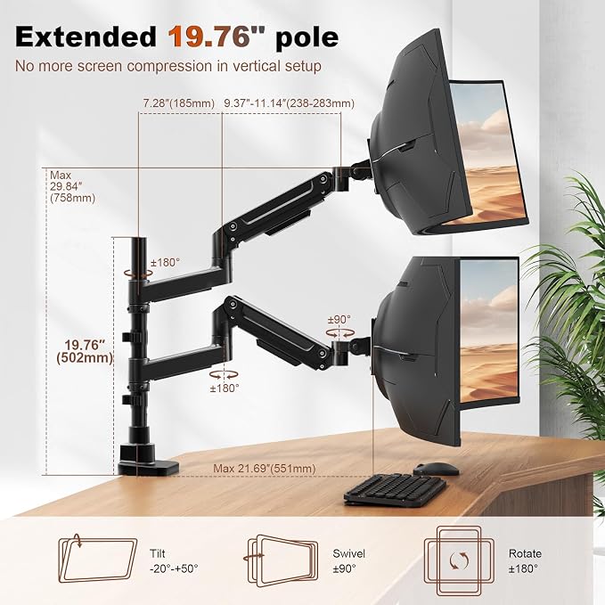 Dual Monitor-Arm Heavy-Duty for 17-49-inch Screens - Premium Vertical Stacked Dual Monitor Arm Desk Mount for Ultrawide Screens up to 44lbs, Fully Adjustability, VESA 75/100 mm, Black - Image 3