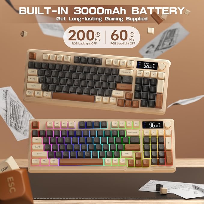LexonElec M96 Wireless Gaming Keyboard,Knob Control Bluetooth/2.4G Wireless Mechanical Feeling Keyboard,RGB LED Backlit with Display Screen, PBT Keycap, 3000mAh, 94-Key Layout for Win/Mac(Coffee) - Image 6