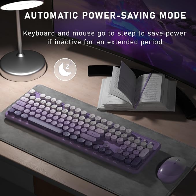 Links9+ Colorful Wireless Keyboard and Mouse Combo (Purple Gradient) | Full-Size Retro Typewriter Style Keyboard with Vintage Round Keycaps, 2.4G Wireless Set for Windows, Mac, Laptop, PC, Desktop - Image 4