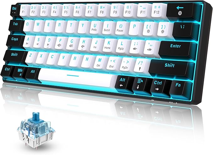 Snpurdiri 60% Wired Mechanical Gaming Keyboard (Black-White, Blue Switches) | Ice Blue LED Backlit 61 Keys Mini Wired Office Keyboard for Windows Laptop PC Mac by Snpurdiri